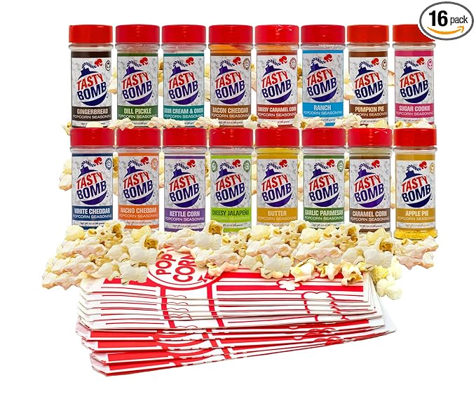 Flavorful Popcorn Seasoning Variety Pack ??Seasonings in White Cheddar Cheese, Ranch, Sour Cream, & More ??Gluten-Free Keto Snack for Movie Nights & Gifts by Tasty Bomb, 2.8-3 Oz (Variety Pack 16)