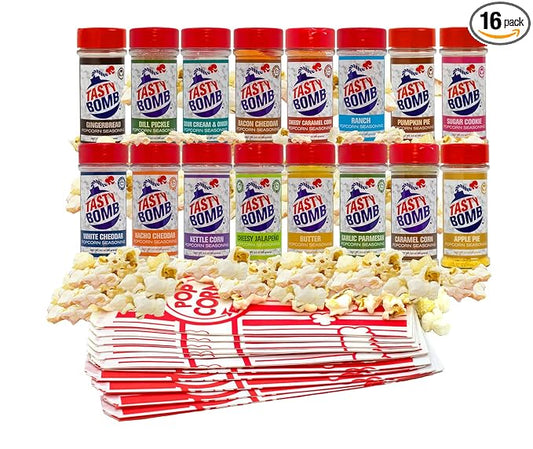 Flavorful Popcorn Seasoning Variety Pack ??Seasonings in White Cheddar Cheese, Ranch, Sour Cream, & More ??Gluten-Free Keto Snack for Movie Nights & Gifts by Tasty Bomb, 2.8-3 Oz (Variety Pack 16)