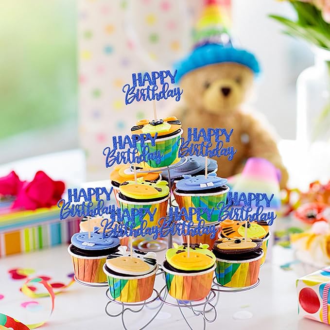 30 PCS Happy Birthday Cupcake Toppers Glitter Happy Birthday Cupcake Picks for Celebrating Birthday Anniversary Theme Party Cake Decorations Supplies Dark Blue