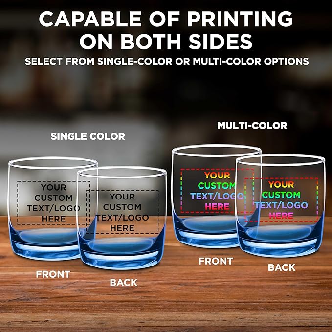 DISCOUNT PROMOS Custom Whiskey Glasses 10 oz Set of 50, Personalized Bulk Pack - Heavy Base Old Fashioned Glass, Perfect for Scotch, Bourbon, Whiskey, Cocktail - Blue Bottom Color