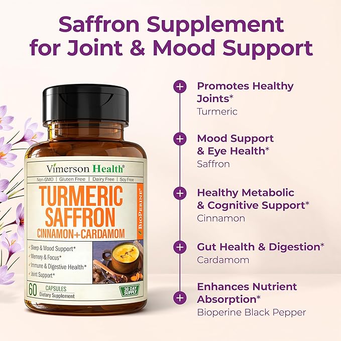 Saffron Supplements - 89mg Saffron Extract Turmeric Supplement with Black Pepper, Ceylon Cinnamon and Cardamom for Mood & Memory, Eye Health - Joint Supplements for Women & Men - 120 Capsules - 2 Pack