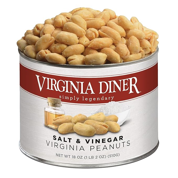 Virginia Diner - Salt and Vinegar Seasoned Extra Large Virgnia Peanuts 18oz in Resealable Can for Snacking or Gifting