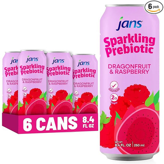 Jans Sparkling Prebiotic Soda Beverage ??Dragonfruit & Raspberry 8.4 Fl Oz (6-Pack) ??Low Calorie