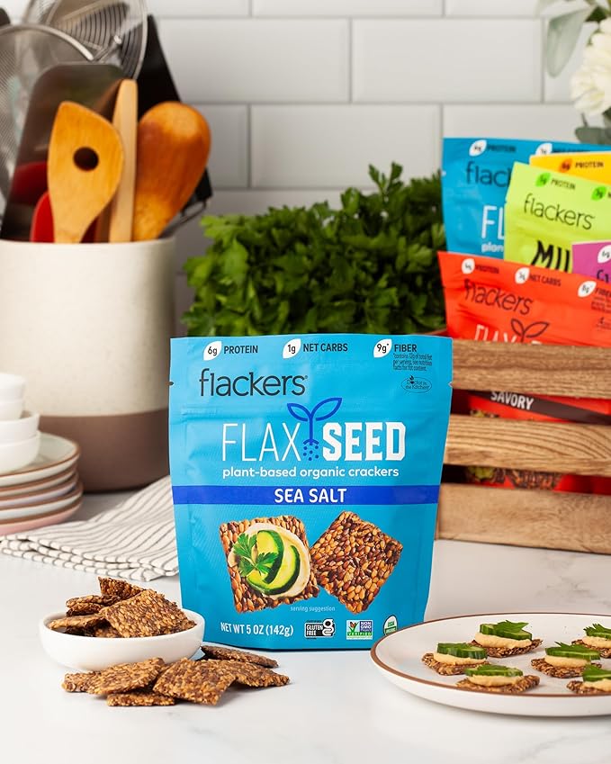 Flackers Organic Sea Salt Flaxseed Crackers, 5 Ounce 1-Pack, Gluten Free, Non GMO, Vegan, Keto Snack, 9g Fiber, 1g Net Carb