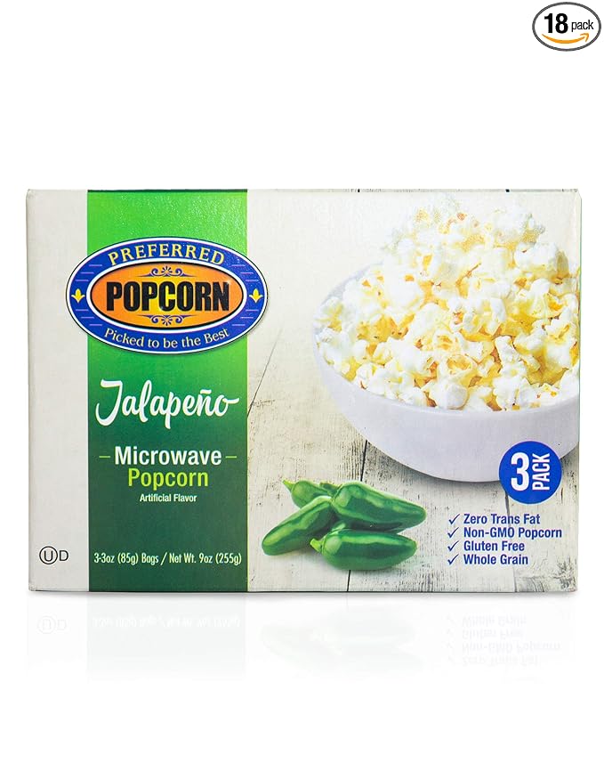 Preferred Popcorn Microwave Popcorn, Non-GMO, Whole Grain, Gluten Free (Jalapeno, 18 Microwavable Bags)