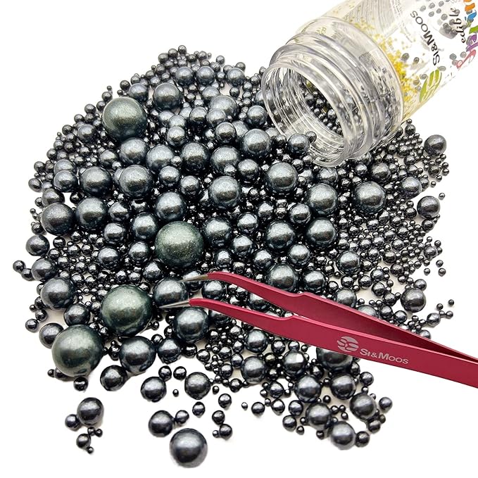 SE Si&Moos Black Edible Pearls Black Pearl Sprinkles for Cake Decorating Edible Cake Sugar Pearls Halloween Christmas Cookie Decorations Edible Cake Decorations for Cakes,Cupcakes Toppers 3.5 OZ with Tweezers