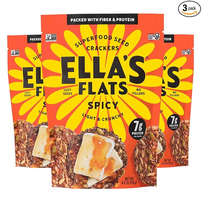 ELLA’S FLATS Spicy All Seed Savory Crisps – All Natural, Gluten Free, Good Source of Protein, High Fiber, Vegan and Keto Friendly (3 Pack)