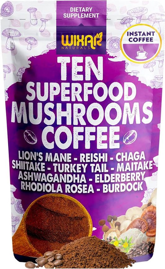 WIXAR Superfood Mushroom Coffee - Instant Coffee Powder, Ten Superfood Extracts with Lion's Mane
