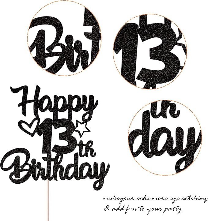 1 Pack Happy 13th Birthday Cake Topper Glitter Heart Star 13 Fabulous Cake Pick Birthday Sign Cake Decorations for Children 13th Birthday Theme Party Supplies Black