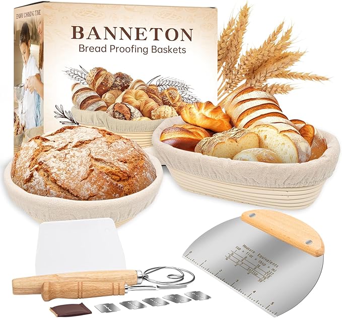 Banneton Bread Proofing Basket, 9" Round & 10" Oval Sourdough Bread Baking Supplies, Bread Making Supplies Tools, with Bread Lame, Danish Whish, Bowl Scraper, Sourdough Scraper, and Linen Liners