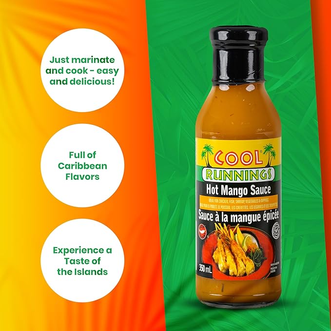 Cool Runnings Hot Mango Sauce, 350 ml - Tangy and Spicy Caribbean Marinade and Sauce for Glazing, Dipping, and Adding Heat to Chicken, Seafood, and Vegetables