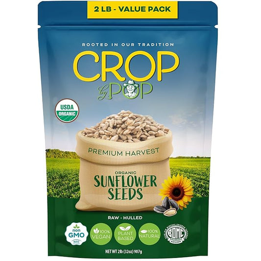 CROP BY POP - Organic Raw Hulled Sunflower Seed Kernels, Unsalted, Shelled (32oz - 2 LB) Packed Fresh in Resealable Bag - USDA Organic, Non GMO - Naturally Grown, Vegan, Kosher