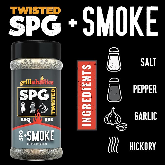 Grillaholics Twisted SPG + Smoke Seasoning - Salt Pepper Garlic and Hickory Smoke Powder Rub - All-Purpose BBQ Rub and Seasoning