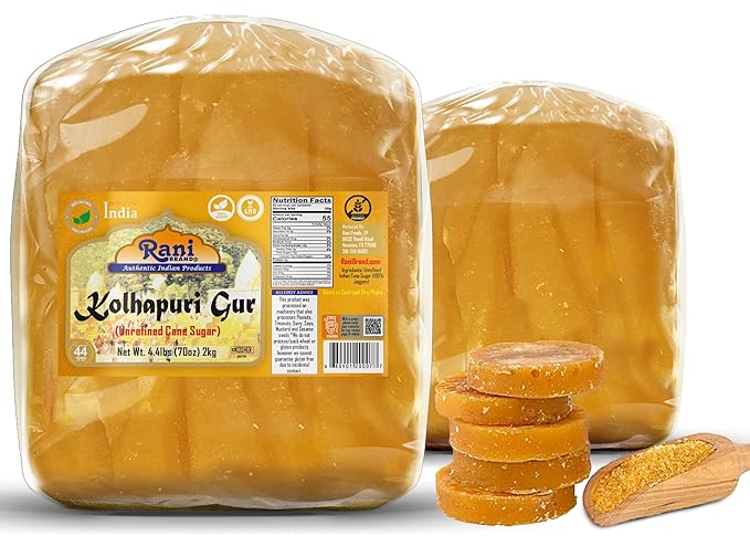 Rani Kolhapuri Gur (Jaggery) 70oz (4.4lbs) 2kg ~ Unrefined Cane Sugar, No Color added, Gluten Friendly | Vegan | NON-GMO | Kosher | No Salt or fillers