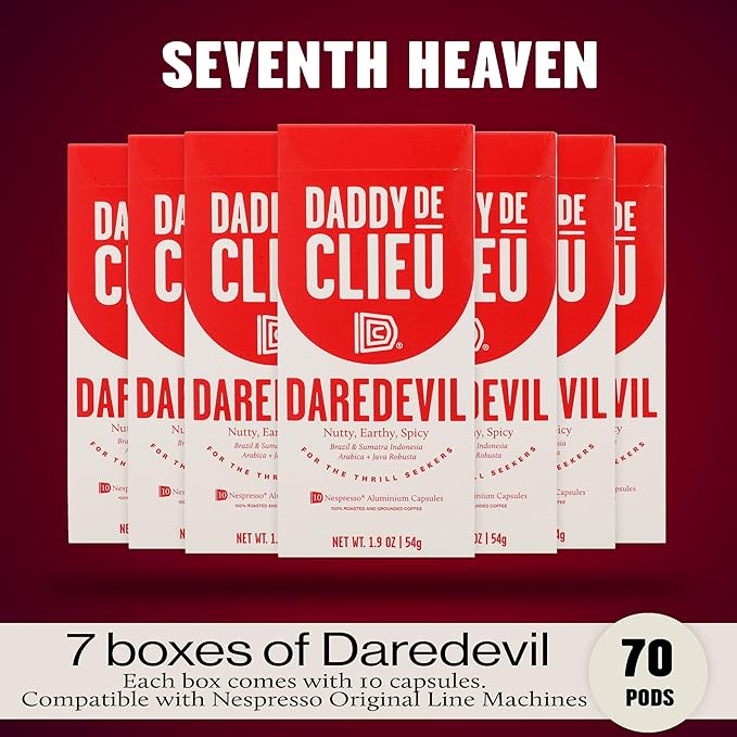 Daddy De Clieu Daredevil Coffee Pods (Bold, Dark Roast, Arabica and Robusta Blend), Compatible with Nespresso Original Line Machines, Recyclable Aluminum Capsules, 70 Count