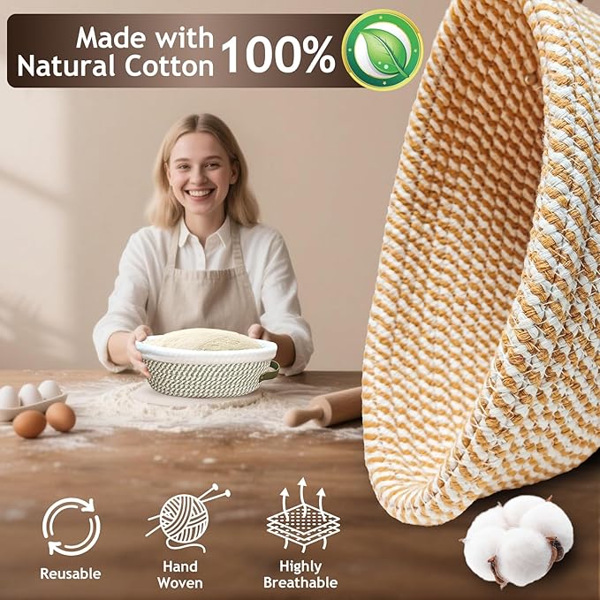 Banneton Bread Proofing Basket Set, Oval Sourdough Banneton Basket 10 inch,Handmade Sourdough Bread Basket with Covers 4 Liners for Artisan Bakers Starter Cotton Rope