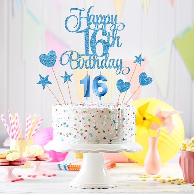16th Birthday Cake Decorations, 16th Birthday Candles Cake Numeral Candles and Glitter Happy 16th Birthday Cake Toppers Set for Birthday Party Supplies (Blue)
