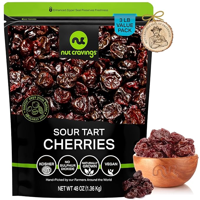 NUT CRAVINGS - Sun Dried Sour Tart Cherries, Lightly Sweetened, Unsulphured (48oz, 3 LB) Bulk Dry Fruits Packed Fresh in Resealable Bag - Sweet Healthy Snack, Naturally Grown, Vegan, Kosher