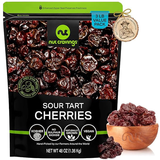 NUT CRAVINGS - Sun Dried Sour Tart Cherries, Lightly Sweetened, Unsulphured (48oz, 3 LB) Bulk Dry Fruits Packed Fresh in Resealable Bag - Sweet Healthy Snack, Naturally Grown, Vegan, Kosher