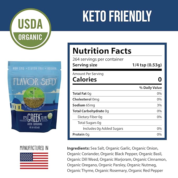 Flavor Seed It's Greek To Me, Organic Greek Seasoning Blend, Gyro & Tzatziki Seasoning, Kebab, Carnivore & Keto Friendly, Mediterranean Diet, Non GMO, Preservative Free, Kosher, 5 oz Resealable Bag