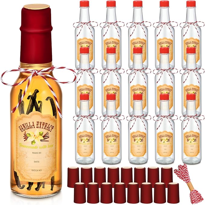 Tioncy 16 Pcs Vanilla Extract Bottles for Homemade Vanilla Jar Glass Bottle with Cap, Shrink Band, Sticker Syrup Gift Food Storage Canister for Bean Sauce Spice(Red,3 oz)