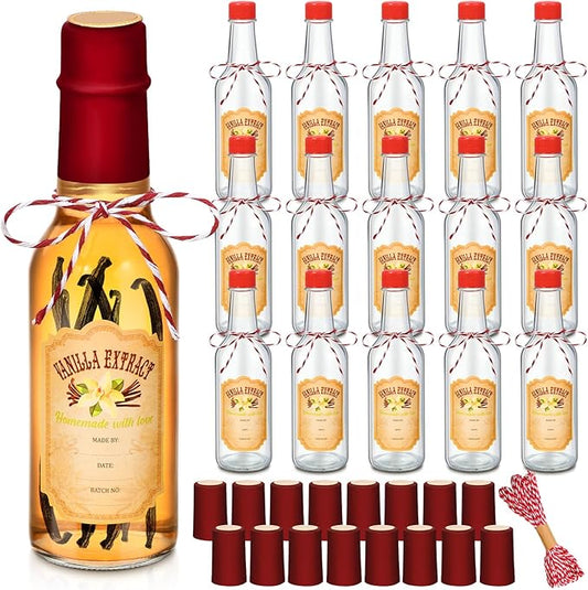 Tioncy 16 Pcs Vanilla Extract Bottles for Homemade Vanilla Jar Glass Bottle with Cap, Shrink Band, Sticker Syrup Gift Food Storage Canister for Bean Sauce Spice(Red,3 oz)
