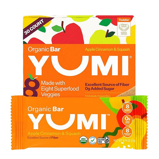Yumi Organic Toddler Snacks Bars - Gluten-Free, No Added Sugar, 7+ Vegetables, Soft-Baked Crust, Yumi Bars Healthy Toddler Organic Snacks - School Safe for Lunch Boxes, Apple Cinnamon & Squash (30ct.)