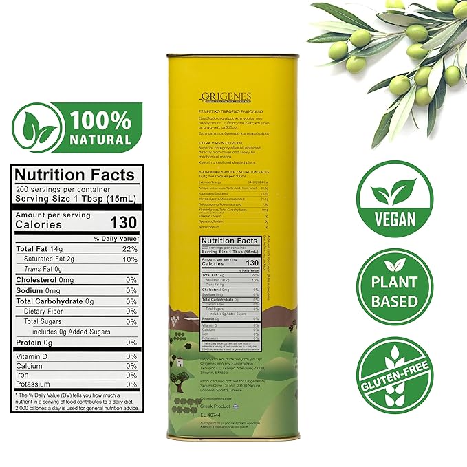 Extra Virgin Olive Oil Tin, Great Taste Cold Pressed EVOO, Fruity Flavor, Polyphenol Rich Olive Oil from the Land of Sparta 3lt Tin