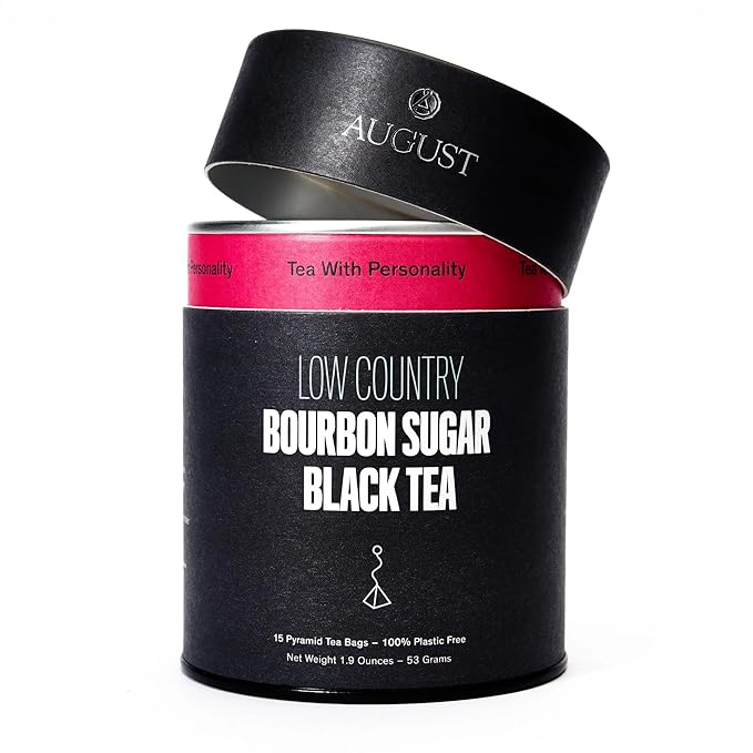 August Uncommon Low Country Bourbon Sugar Black Tea ??Vegan, Non-GMO Loose Tea Leaves ??Energize Your Day with Southern Wild Flavor in a Convenient Can with 15 Plastic-Free Bags