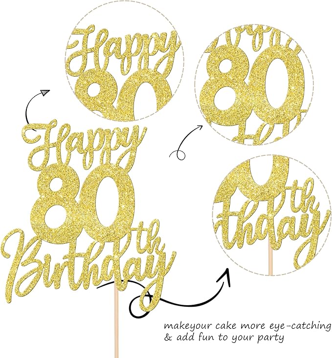 1 PCS Happy 80th Birthday Cake Topper Glitter Cheers to 80 Years Birthday Cake Pick Eighty Hello 80 Fabulous Cake Decoration for Happy 80th Birthday Anniversary Party Decorations Supplies Gold
