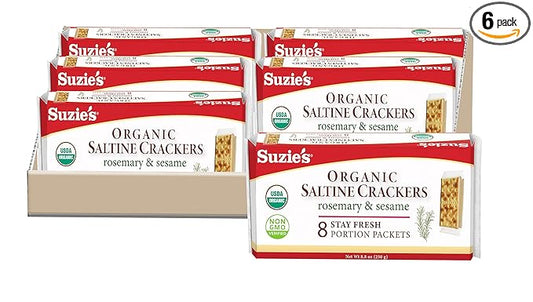 Suzie's Organic Saltines Crackers, Rosemary Sesame, Healthy Gourmet Baked Snack Goodies for Adults & Children - 6 Pack, 8.8oz Each