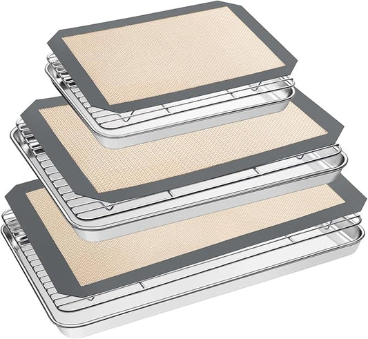Baking Sheet Tray Cooling Rack with Silicone Mat Set, Stainless Steel Cookie Pan For Oven, Set of 9 (3 Sheets + 3 Racks Mats), Warp Resistant & Heavy Duty Easy Clean, Grey