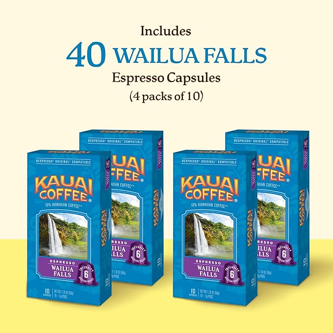 Kauai Coffee Espresso Pods Compatible with Nespresso Original Coffee Makers – Arabica Coffee, 10% Hawaiian – Medium Roast, Floral Notes & Smooth Finish – Wailua Falls, 4 Packs of 10 Espresso Pods