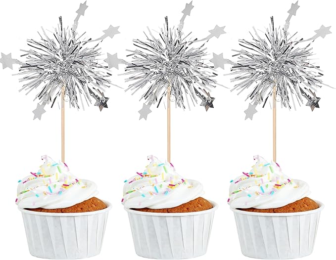 Rsstarxi 30 Pack Foil Firework Cupcake Toppers Sparkle Tinsel Drink Birthday Cake Decorations Cocktail Food Fruit Toothpick for New Years Wedding Birthday Party Decorations Silver
