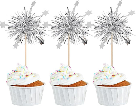 Rsstarxi 30 Pack Foil Firework Cupcake Toppers Sparkle Tinsel Drink Birthday Cake Decorations Cocktail Food Fruit Toothpick for New Years Wedding Birthday Party Decorations Silver