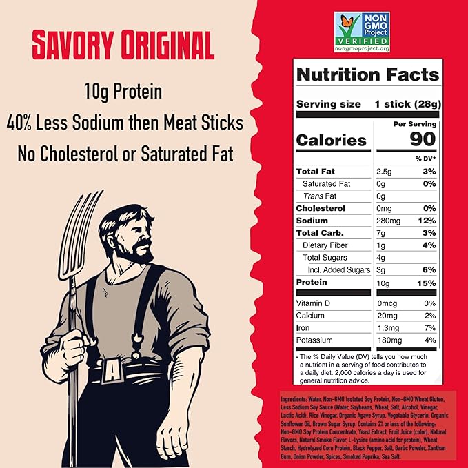 AGRO POWER Vegan Jerky Sticks ??Savory Original Flavor ??7-Stick Bag of Plant-Based Jerky with 10g Protein ??Non-GMO, Low Sodium, High Protein Vegan Snack ??Vegetarian Meat Alternative