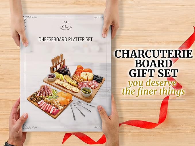 Zulay Kitchen Premium Bamboo Cheese Board Set - Extra Thick Bamboo Charcuterie Board Set with 4 Piece Knife Set - Wooden Cheese Board is Perfect for Charcuterie, Wine and Cheese (Platter Set)