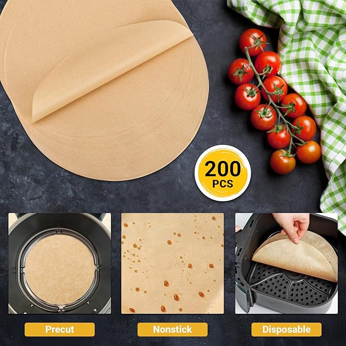 Beasea Air Fryer Disposable Liners 9 Inch, 200pcs Parchment Paper Unbleached Round Filter Paper Non-perforated Bamboo Steamer Papers for Air Fryer and Steaming Basket
