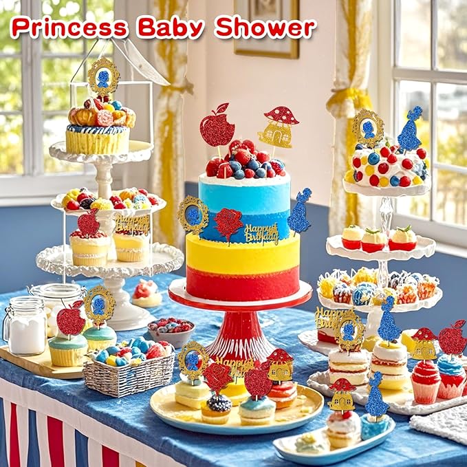 24pcs Blue Princess Cupcake Topper Glitter Royal Castle Happy Birthday Cake Toppers Red Rose Apple Cupcake Toppers for Princess Birthday Wonderland Forest Baby Shower Halloween Party Decor