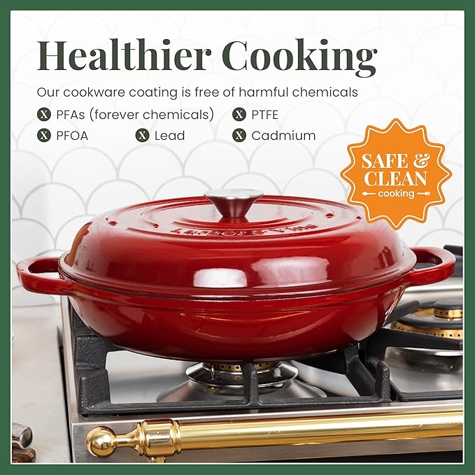 Larder & Vine Enameled Cast Iron Braiser | 3.6 qt Braiser Pan with Lid | Shallow Dutch Oven Compatible on All Cooktops | Casserole Dish Oven Safe to 500ì§?F | Dual Handles | Cabernet