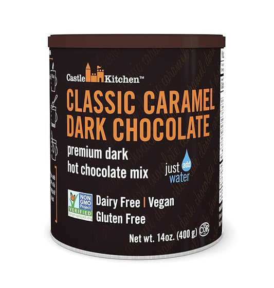 Castle Kitchen Caramel Dark Hot Chocolate - Premium Plant Based, Dairy Free, Gluten-Free, Vegan Hot Coca Mix - Just Add Water - 14 oz