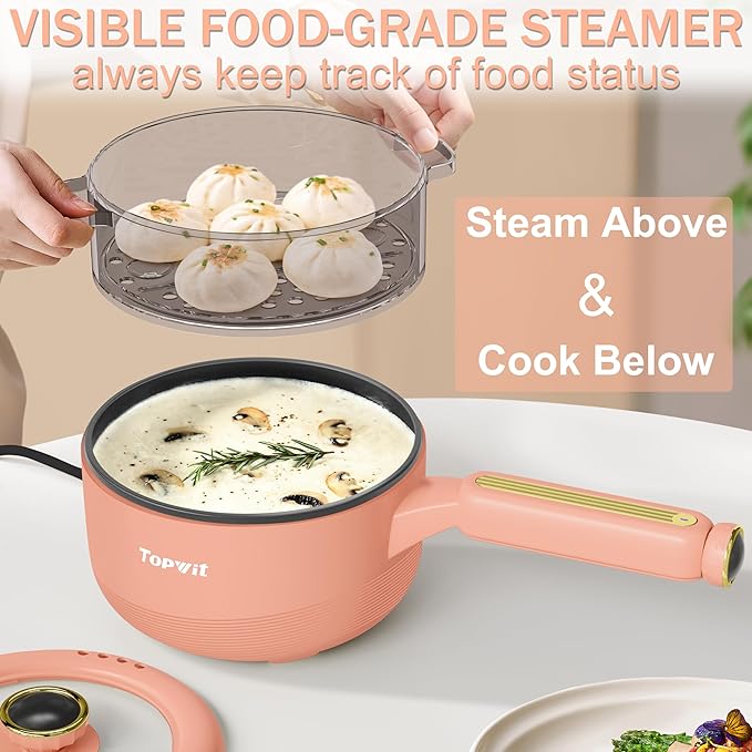 TOPWIT Hot Pot Electric with Steamer, ?윇?릩 Electric Pot, Non-Stick Portable Cooker, Portable Pot, Saut챕 Pan for Steak, Egg, Ramen, Soup with Dual Power Control (Silicone Spatula Included), Peach
