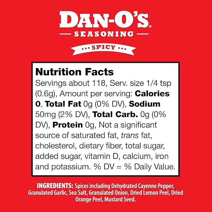 Dan-O's Spicy Seasoning, 2.5 oz Bottle, Hot Seasoning for Chicken, Wings, Burger Patties, Veggies and More, Sugar Free, Zero Calorie, Use this Spicy Blend to Craft a Marinade, Dry Rub or Sauce