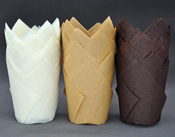 Large Greaseproof paper Wrappers Muffin Baking cupcake cups liners, 2-1/4" x 4" Natural,Brown,White 3 colours in a box Tulip Baking Cups Holders 125 pcs (Large) (125, Multi 3)