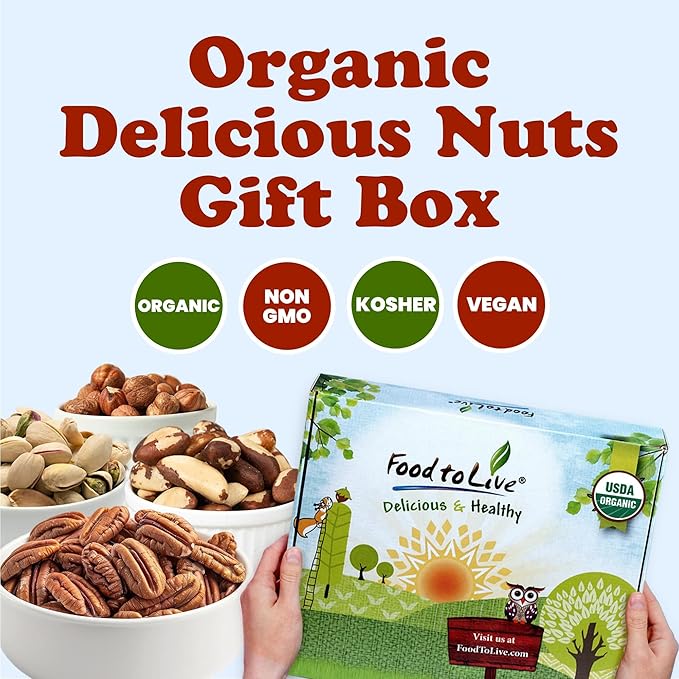 Food to Live - Organic Delicious Nuts in a Gift Box - A Variety Pack of Pecans, Hazelnuts, Brazil Nuts, Macadamia Nuts, and Roasted & Salted Pistachios