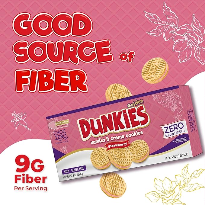 ChocZero Strawberry Creme Dunkies, Gluten Free, Low Sugar, Keto Strawberry Vanilla Sandwich Cookies, 9 oz