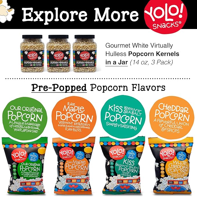YOLO! Gourmet Virtually Hulless Popcorn Kernels, Premium White Butterfly Popping Corn, Non GMO, Gluten Free, Vegan, 32 Oz Resealable Bag (Pack of 1)