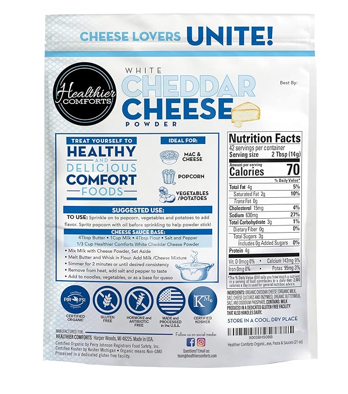 Healthier Comforts Organic White Cheddar Cheese Powder | Gluten Free, Kosher, Keto-Friendly, Non-GMO, Antibiotic & Hormone Free | Perfect for Popcorn Seasoning, Mac and Cheese, Pasta & Sauces (21 oz)