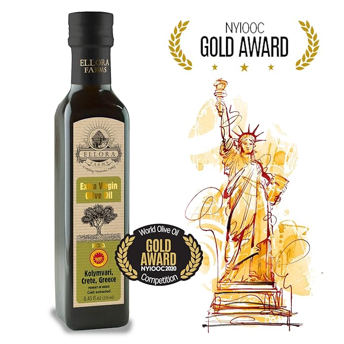 Ellora Farms, Greek Extra Virgin Olive Oil, Gold Award Winner, Single Estate traceable olive oil, 33.8 oz. Tin and 8.45 oz. Glass bottle, Combo Pack