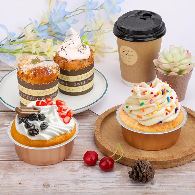 Beasea Aluminum Ramekins, 8oz 100 Pack Disposable Ramekins Foil Cups Baking 3.9" Ramekin Cup Cupcake Aluminum Mini Baking Cups for Party - Rose Gold